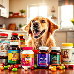 A playful dog surrounded by an assortment of colorful dietary supplements designed for pets