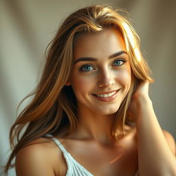 A beautiful 25-year-old woman with striking features, clear blue eyes, and an alluring smile