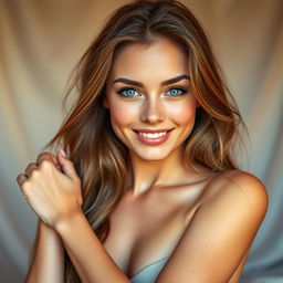 A beautiful 25-year-old woman with striking features, clear blue eyes, and an alluring smile