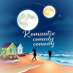 A vibrant and whimsical book cover for a romantic comedy, featuring a serene seaside setting under a full moon