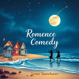 A vibrant and whimsical book cover for a romantic comedy, featuring a serene seaside setting under a full moon