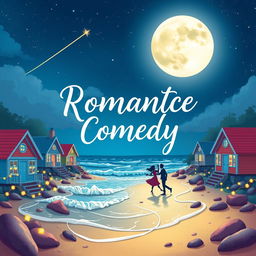A vibrant and whimsical book cover for a romantic comedy, featuring a serene seaside setting under a full moon