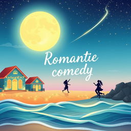 A vibrant and whimsical book cover for a romantic comedy, featuring a serene seaside setting under a full moon