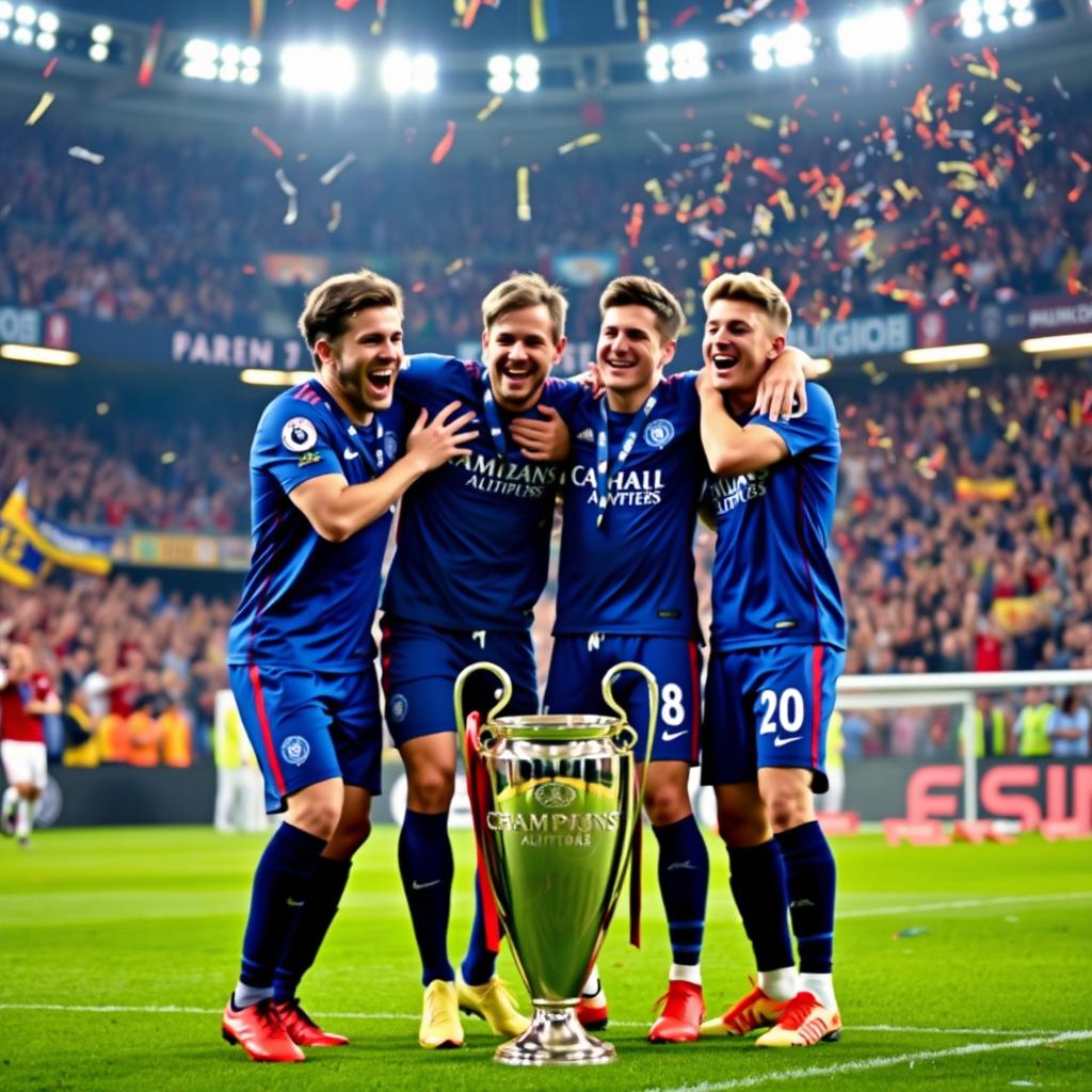 A thrilling moment of celebration as Morgan Rogers, Philippe Coutinho, Jack Grealish, and Ollie Watkins, clad in stylish football kits, joyously embrace each other on the pitch after winning the UEFA Champions League