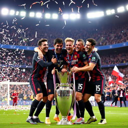 A thrilling moment of celebration as Morgan Rogers, Philippe Coutinho, Jack Grealish, and Ollie Watkins, clad in stylish football kits, joyously embrace each other on the pitch after winning the UEFA Champions League