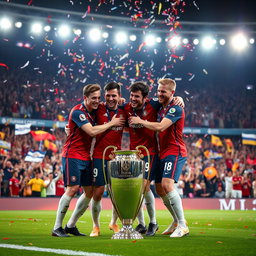 A thrilling moment of celebration as Morgan Rogers, Philippe Coutinho, Jack Grealish, and Ollie Watkins, clad in stylish football kits, joyously embrace each other on the pitch after winning the UEFA Champions League