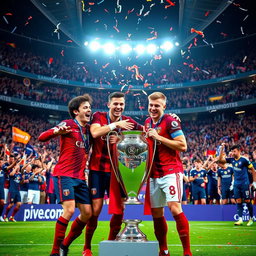 A thrilling moment of celebration as Morgan Rogers, Philippe Coutinho, Jack Grealish, and Ollie Watkins, clad in stylish football kits, joyously embrace each other on the pitch after winning the UEFA Champions League