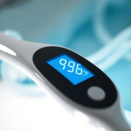 A close-up image of a modern digital medical thermometer, displaying a clear digital readout of a body temperature of 98