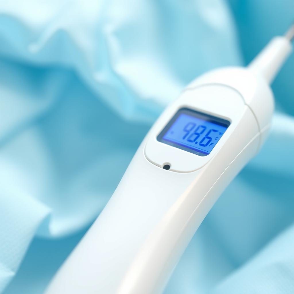 A close-up image of a modern digital medical thermometer, displaying a clear digital readout of a body temperature of 98