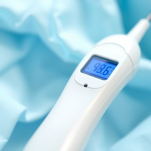 A close-up image of a modern digital medical thermometer, displaying a clear digital readout of a body temperature of 98