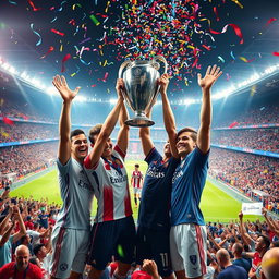An artistic celebration scene depicting football stars Morgan Rogers, Philippe Coutinho, Jack Grealish, and Ollie Watkins joyfully lifting the UEFA Champions League trophy in a stadium filled with cheering fans