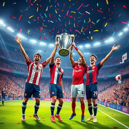 An artistic celebration scene depicting football stars Morgan Rogers, Philippe Coutinho, Jack Grealish, and Ollie Watkins joyfully lifting the UEFA Champions League trophy in a stadium filled with cheering fans