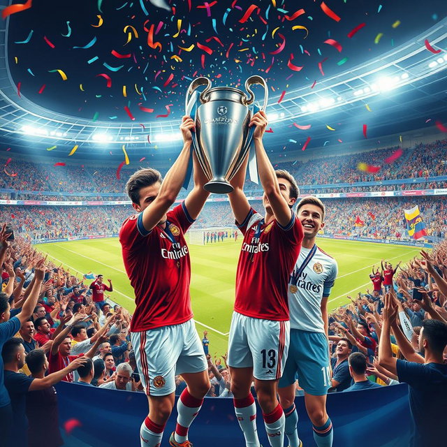 An artistic celebration scene depicting football stars Morgan Rogers, Philippe Coutinho, Jack Grealish, and Ollie Watkins joyfully lifting the UEFA Champions League trophy in a stadium filled with cheering fans