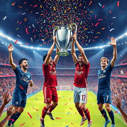 An artistic celebration scene depicting football stars Morgan Rogers, Philippe Coutinho, Jack Grealish, and Ollie Watkins joyfully lifting the UEFA Champions League trophy in a stadium filled with cheering fans