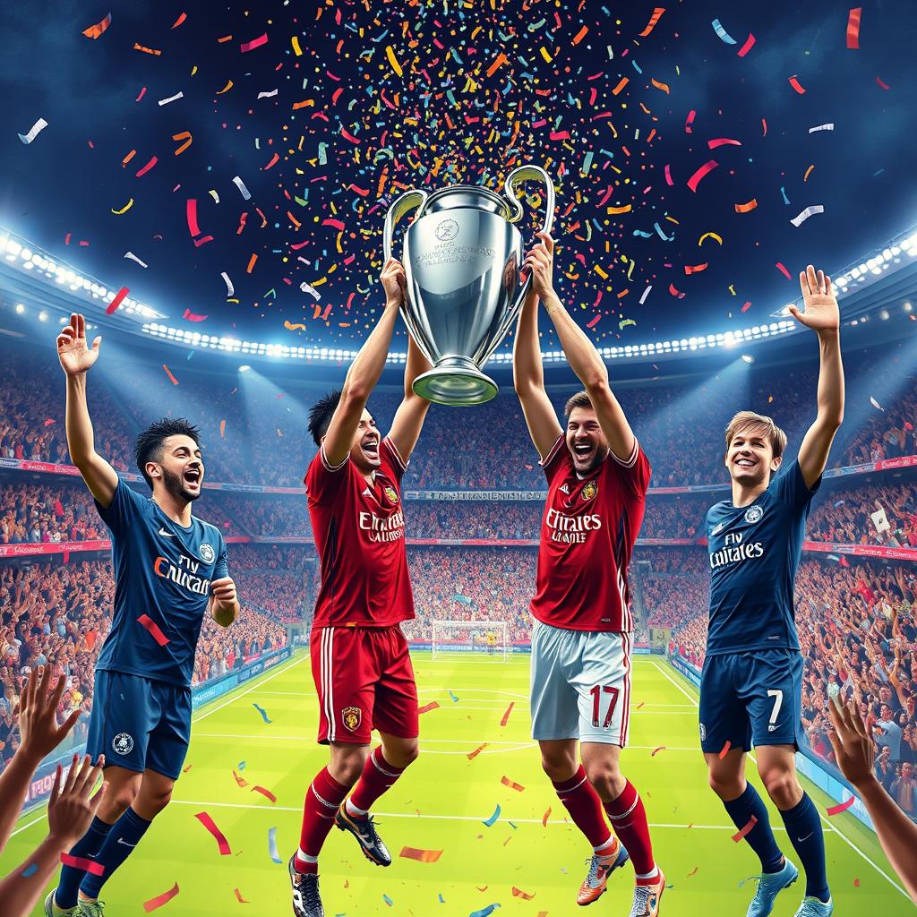 An artistic celebration scene depicting football stars Morgan Rogers, Philippe Coutinho, Jack Grealish, and Ollie Watkins joyfully lifting the UEFA Champions League trophy in a stadium filled with cheering fans
