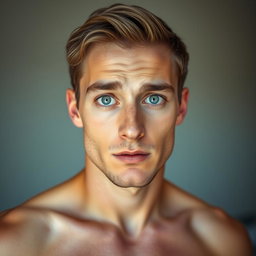 A very handsome 30-year-old man with striking light blue eyes, standing shirtless