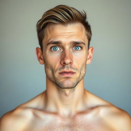 A very handsome 30-year-old man with striking light blue eyes, standing shirtless