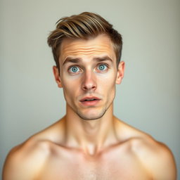 A very handsome 30-year-old man with striking light blue eyes, standing shirtless
