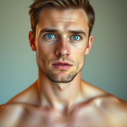 A very handsome 30-year-old man with striking light blue eyes, standing shirtless