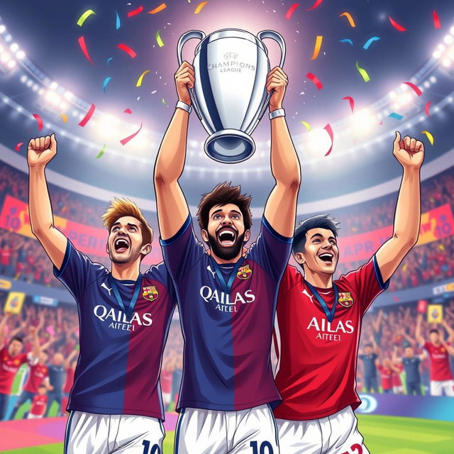 A vibrant and dynamic illustration of three soccer players: Morgan Rogers, Philippe Coutinho, and Ollie Watkins, celebrating a triumphant moment after winning the UEFA Champions League