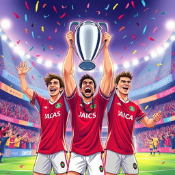 A vibrant and dynamic illustration of three soccer players: Morgan Rogers, Philippe Coutinho, and Ollie Watkins, celebrating a triumphant moment after winning the UEFA Champions League