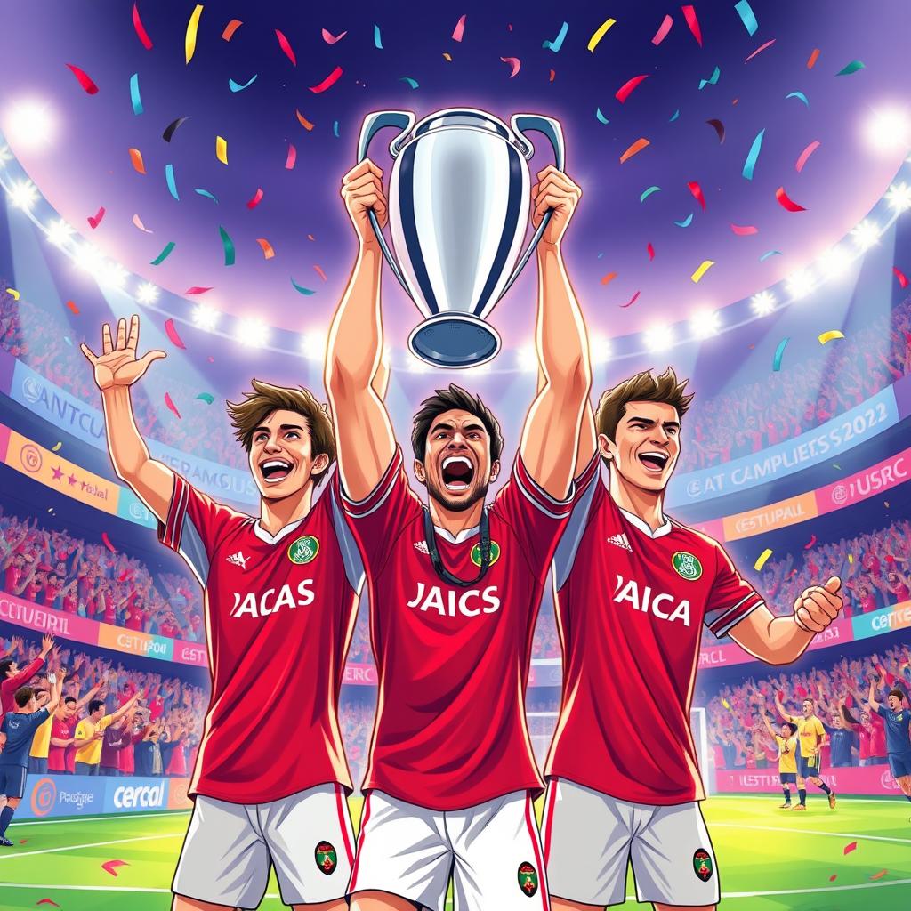 A vibrant and dynamic illustration of three soccer players: Morgan Rogers, Philippe Coutinho, and Ollie Watkins, celebrating a triumphant moment after winning the UEFA Champions League