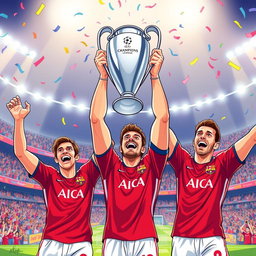 A vibrant and dynamic illustration of three soccer players: Morgan Rogers, Philippe Coutinho, and Ollie Watkins, celebrating a triumphant moment after winning the UEFA Champions League
