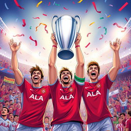 A vibrant and dynamic illustration of three soccer players: Morgan Rogers, Philippe Coutinho, and Ollie Watkins, celebrating a triumphant moment after winning the UEFA Champions League