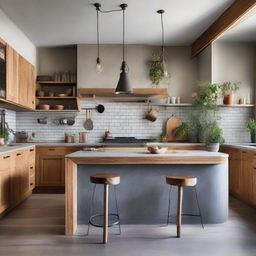 A high-end modern kitchen, combining vintage and contemporary elements, featuring plywood cupboards, a concrete benchtop, and in the center, a rustic timber island bench, resonating old-world charm.