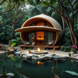 A beautiful cabin inspired by a cocoon, nestled in a lush jungle setting that evokes peace and tranquility