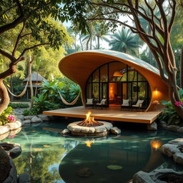 A beautiful cabin inspired by a cocoon, nestled in a lush jungle setting that evokes peace and tranquility