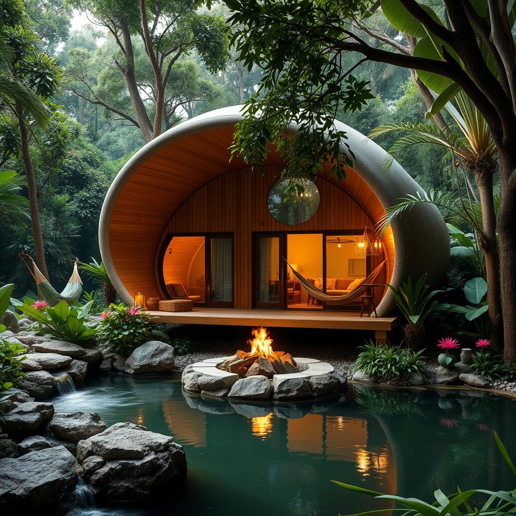 A beautiful cabin inspired by a cocoon, nestled in a lush jungle setting that evokes peace and tranquility
