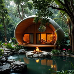 A beautiful cabin inspired by a cocoon, nestled in a lush jungle setting that evokes peace and tranquility
