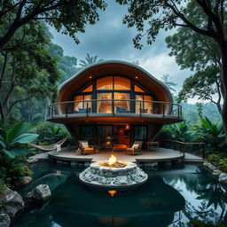 A beautiful cabin inspired by a cocoon, nestled in a lush jungle setting that evokes peace and tranquility