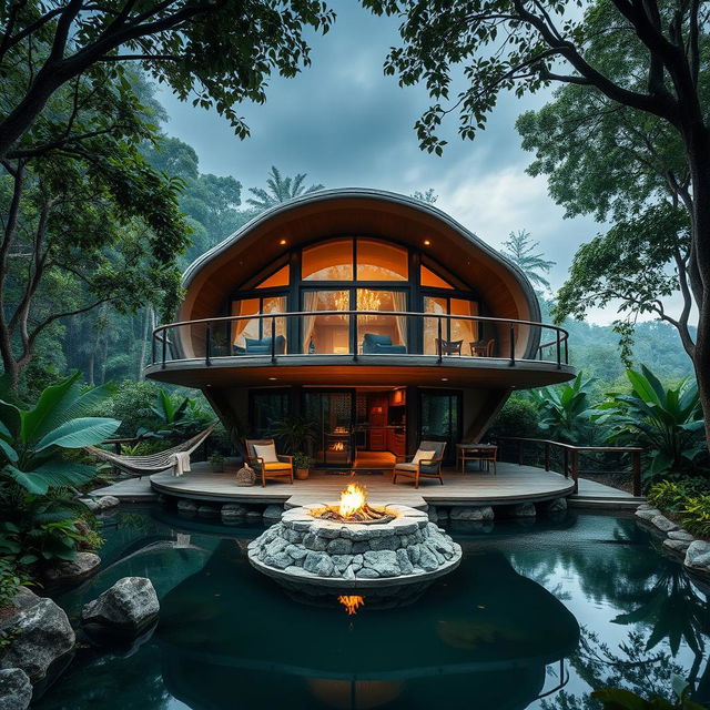 A beautiful cabin inspired by a cocoon, nestled in a lush jungle setting that evokes peace and tranquility
