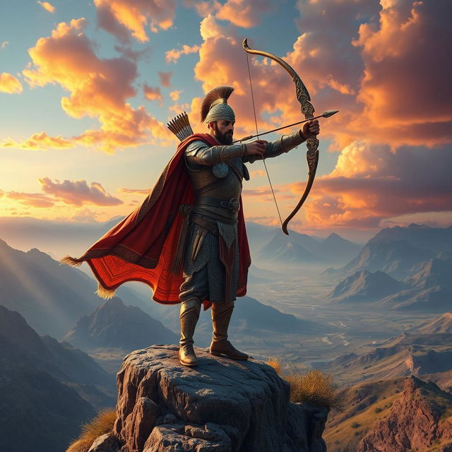 A majestic portrayal of Arash the Archer, an iconic Persian hero from ancient mythology, standing confidently on a cliff edge