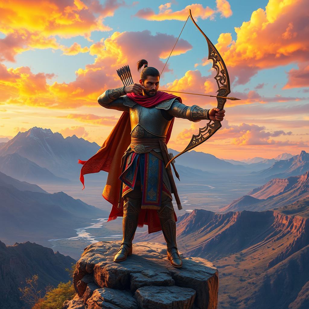 A majestic portrayal of Arash the Archer, an iconic Persian hero from ancient mythology, standing confidently on a cliff edge