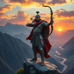A majestic portrayal of Arash the Archer, an iconic Persian hero from ancient mythology, standing confidently on a cliff edge