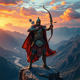 A majestic portrayal of Arash the Archer, an iconic Persian hero from ancient mythology, standing confidently on a cliff edge