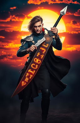 A person standing confidently, wielding a sword that has intricate designs and glowing runes carved into the blade, representing power and strength