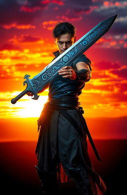 A person standing confidently, wielding a sword that has intricate designs and glowing runes carved into the blade, representing power and strength
