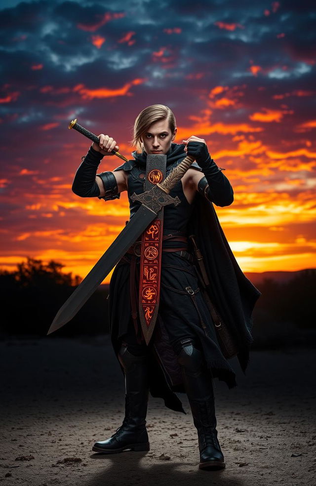 A person standing confidently, wielding a sword that has intricate designs and glowing runes carved into the blade, representing power and strength