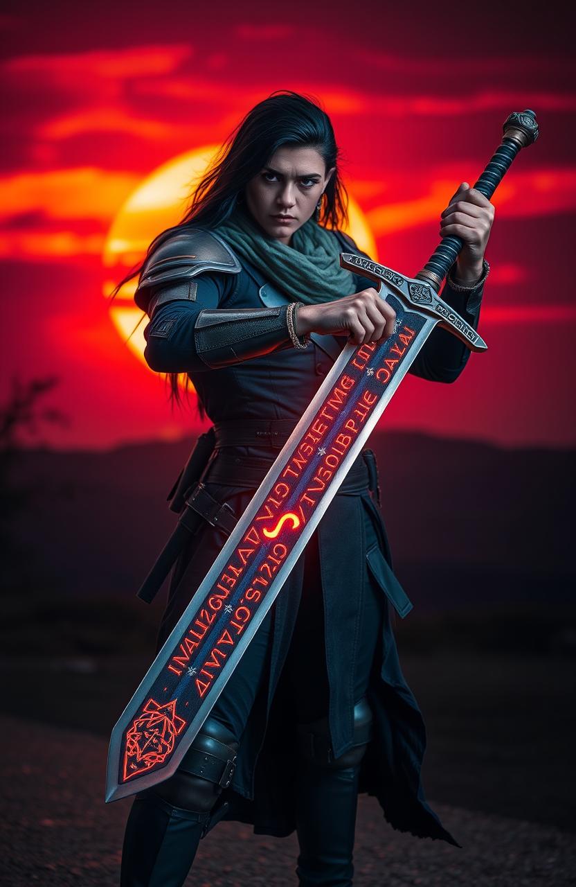 A person standing confidently, wielding a sword that has intricate designs and glowing runes carved into the blade, representing power and strength