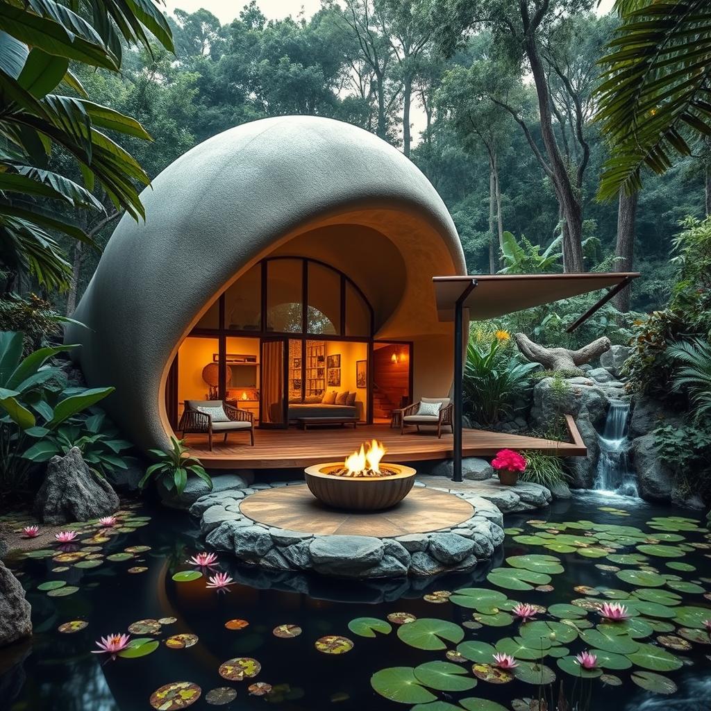 A stunning jungle retreat designed like a cocoon, nestled among lush greenery