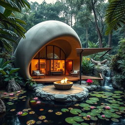 A stunning jungle retreat designed like a cocoon, nestled among lush greenery