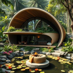 A stunning jungle retreat designed like a cocoon, nestled among lush greenery