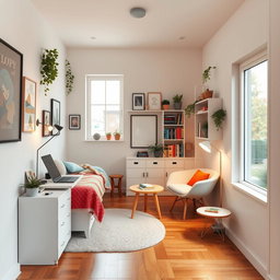 A cozy and stylish mini room featuring a small bed with colorful bedding, a compact desk with a laptop, and a warm reading nook with a comfortable chair and a floor lamp