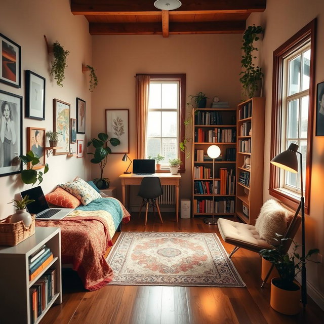A cozy and stylish mini room featuring a small bed with colorful bedding, a compact desk with a laptop, and a warm reading nook with a comfortable chair and a floor lamp