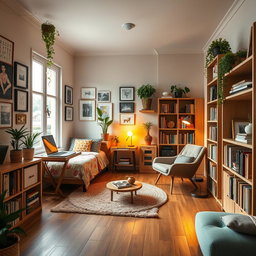 A cozy and stylish mini room featuring a small bed with colorful bedding, a compact desk with a laptop, and a warm reading nook with a comfortable chair and a floor lamp