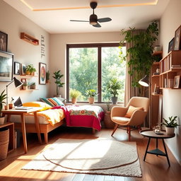 A cozy and stylish mini room featuring a small bed with colorful bedding, a compact desk with a laptop, and a warm reading nook with a comfortable chair and a floor lamp